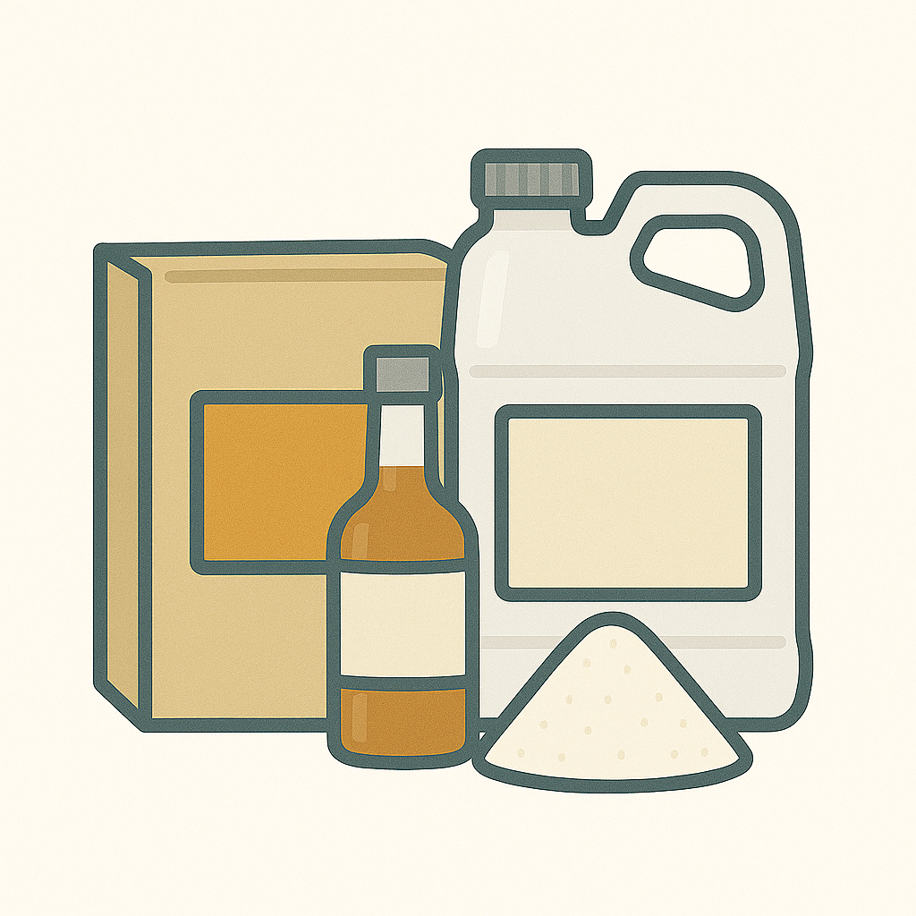 Illustration of various containers including a box, bottle, and jug with a mound of white powder.