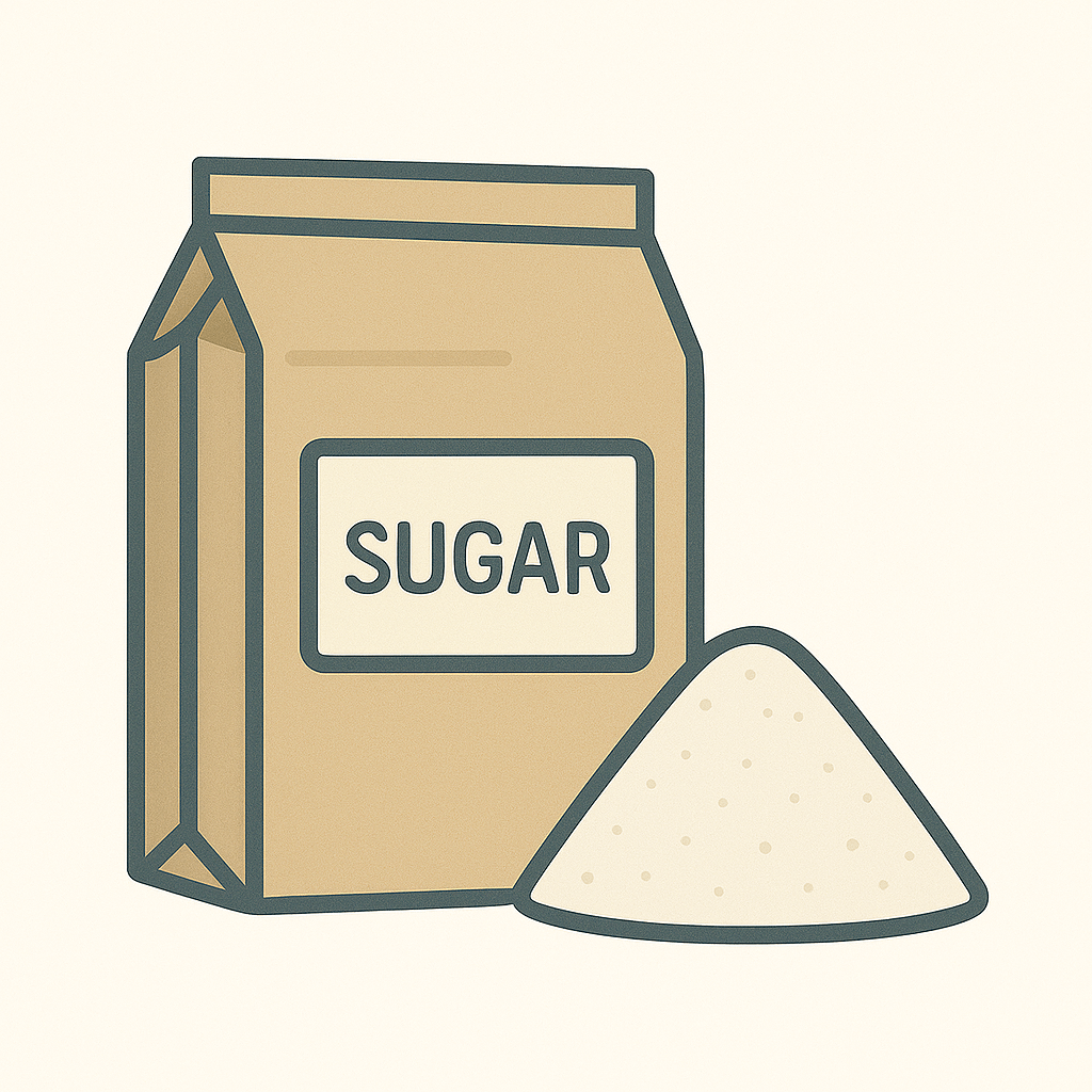 Brown paper sugar bag with a pile of sugar, illustrating a common cooking ingredient in a minimalist style.