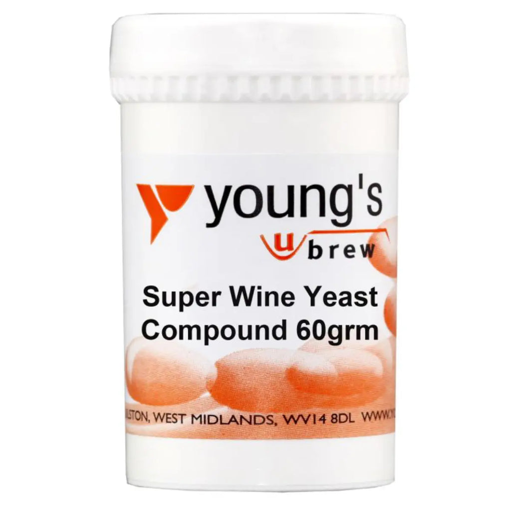 Youngs Super Wine Yeast Compound 60g packaging designed for premium fermentation support and quick wine making.