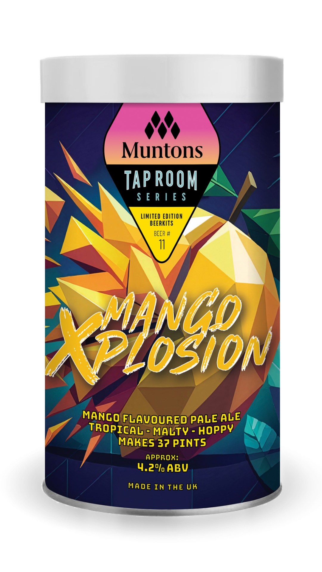 Tap Room Mango Xplosion Beer Kit - Muntons can featuring tropical mango flavour details and brewing instructions.