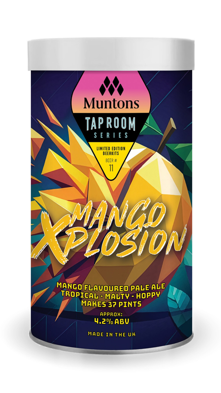 Tap Room Mango Xplosion Beer Kit - Muntons can featuring tropical mango flavour details and brewing instructions.