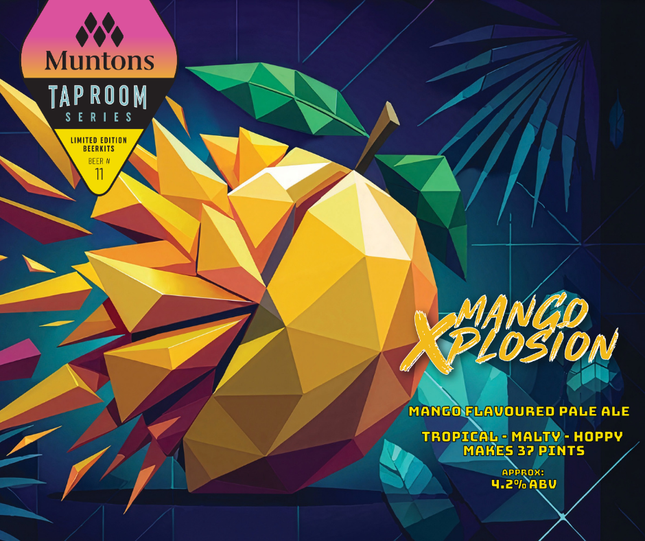 Tap Room Mango Xplosion Beer Kit - Muntons packaging featuring a colorful mango design and details about the beer.