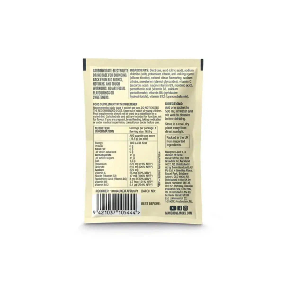 Thirst Aid 5 Pack back packaging showing nutritional information and ingredients for Mangrove Jack's electrolyte drink mix.