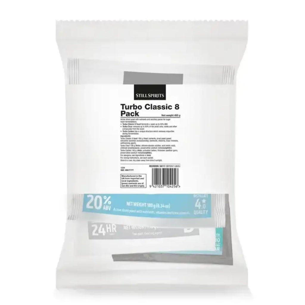 Still Spirits Classic 8 Turbo Yeast Triple Pack packaging with product details and nutritional information.