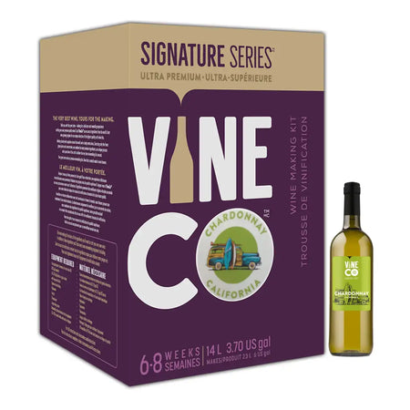 Vine Co Signature Chardonnay Style Wine Kit 30 Bottle with box and bottle, perfect for home winemaking.