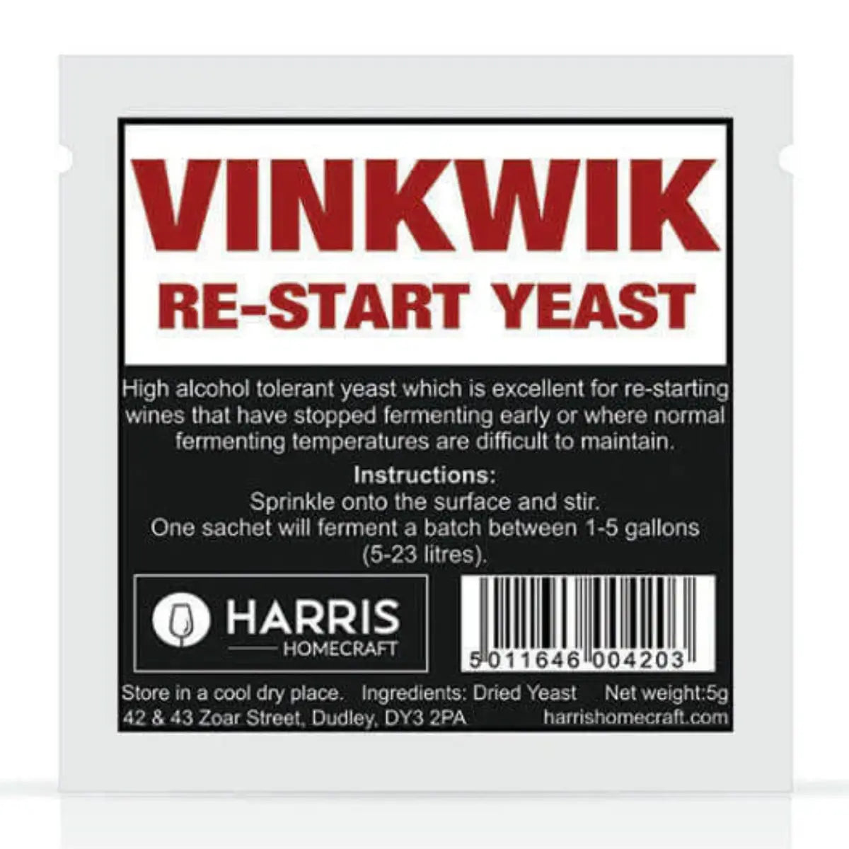 Harris Vinkwik Re-Start Yeast packet, high alcohol tolerant yeast for re-starting fermentation.