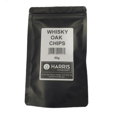 Whisky Oak Chips 50g from Harris HomeCraft in a black packaging with clear label for enhancing spirits.