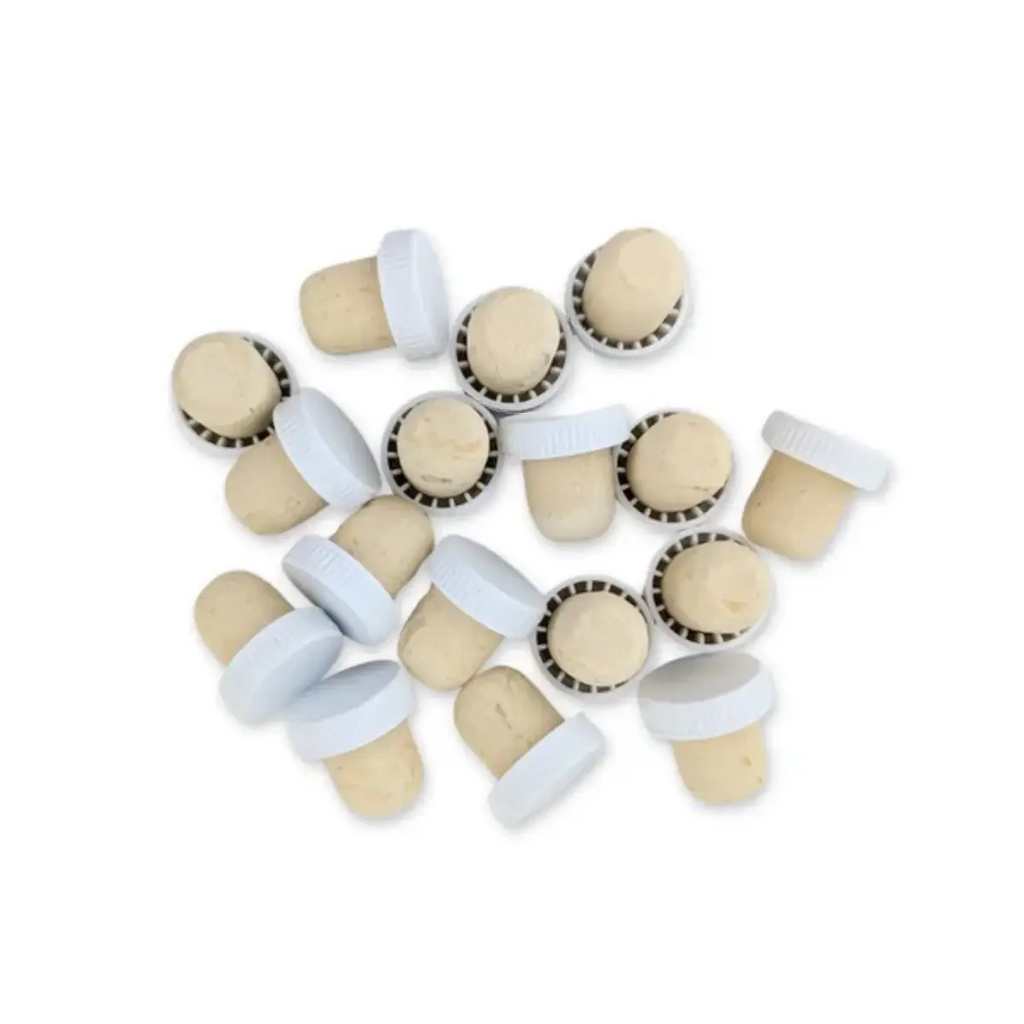 White Plastic Top Stoppers x 30 on a white background, ideal for short-term wine bottle storage.