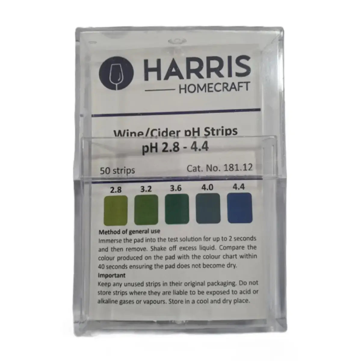 Wine/Cider pH Strips 2.8-4.4 - Harris packaging with color guide for pH levels and usage instructions.