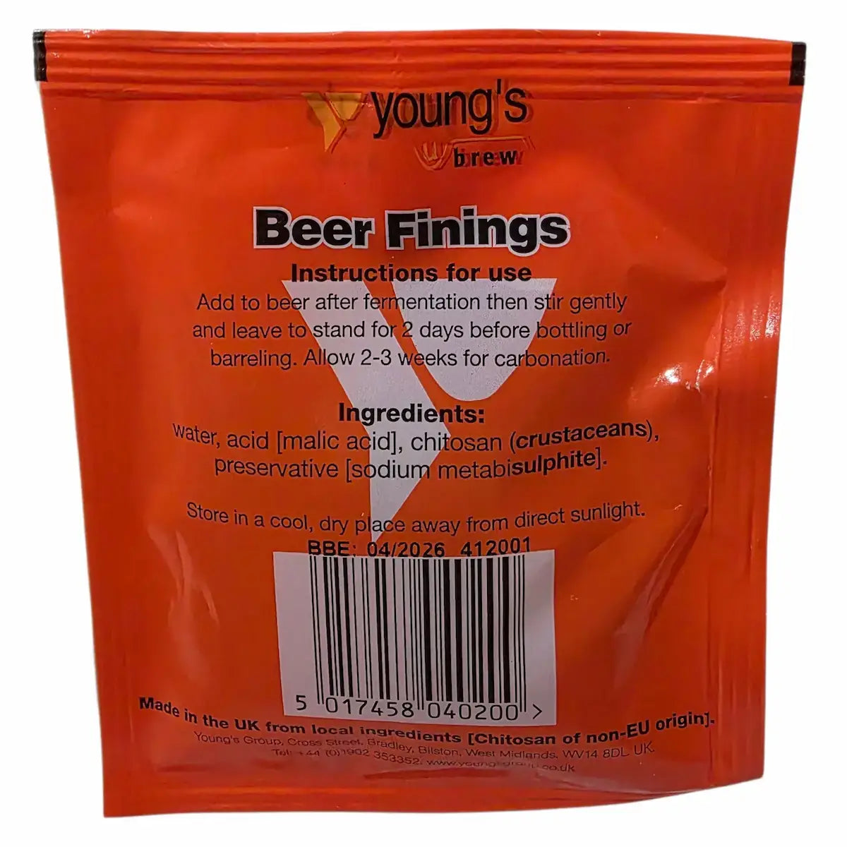 Youngs Beer Finings 29mm sachet back  of packet