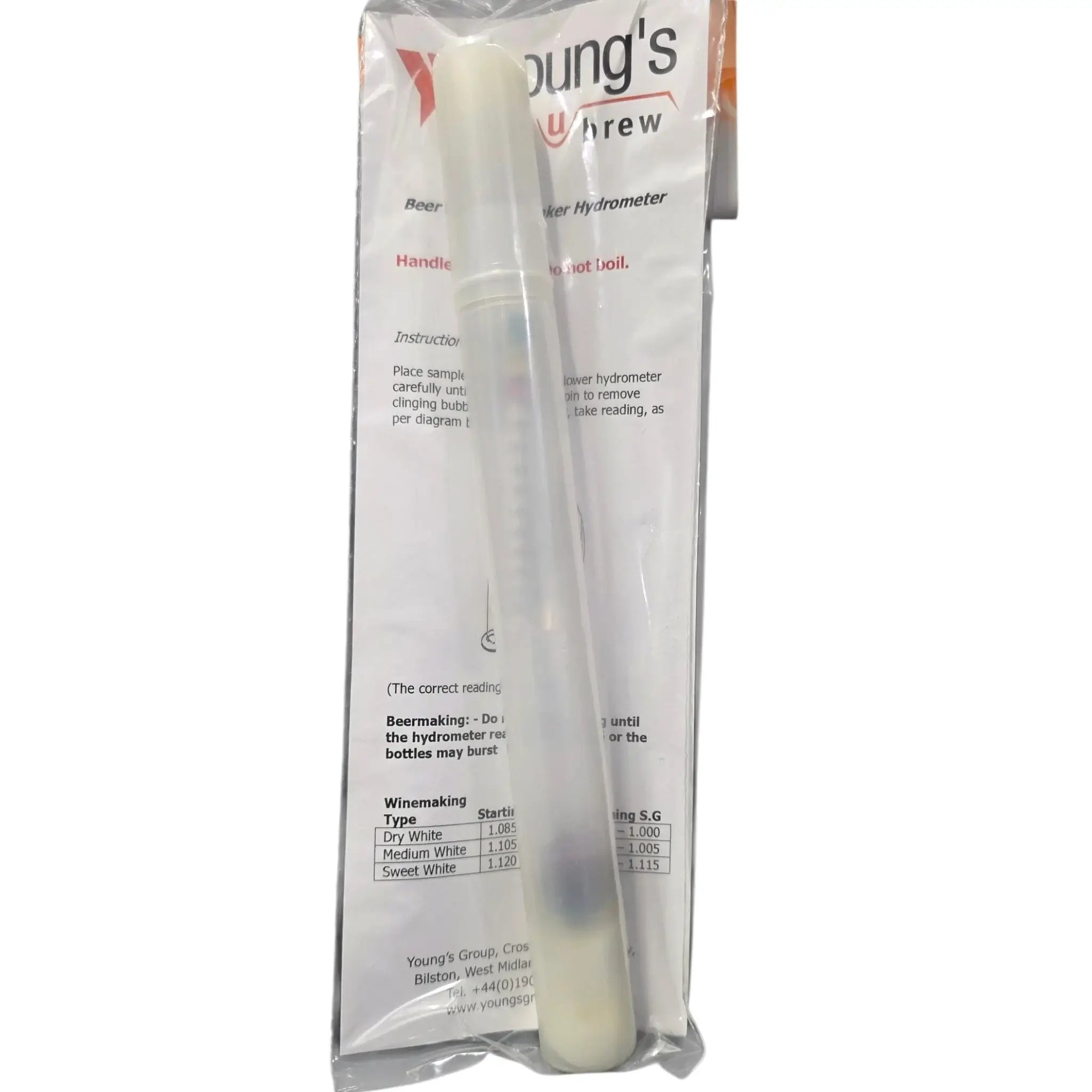 Young's Hydrometer in package for accurately measuring specific gravity in beer and wine making.