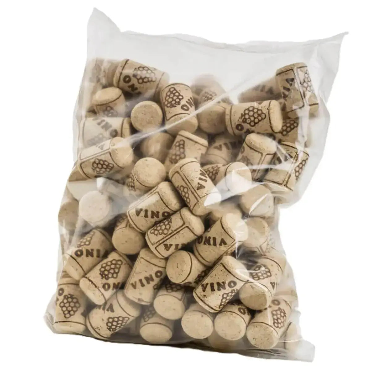 Agglomerated Corks 23 x 38 x 100 pack displayed in a clear bag, perfect for bottling wine.