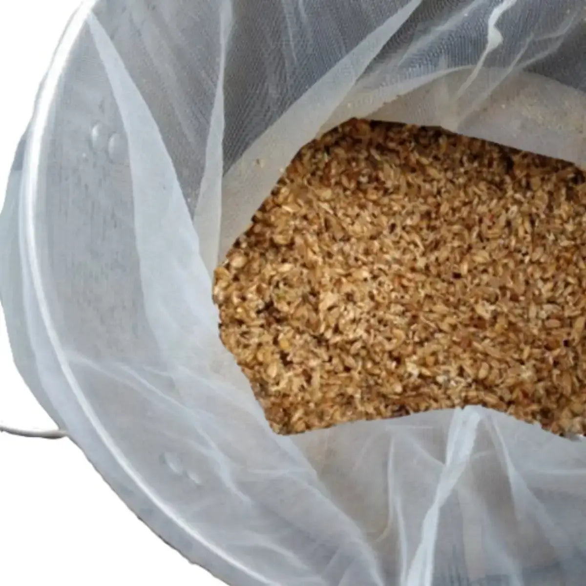 Harris Medium BIAB/Filter Straining Bag containing grain inside a brewing bucket.