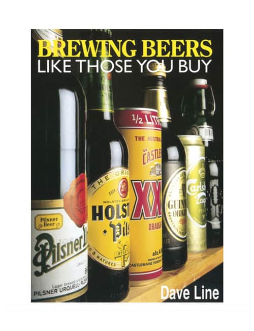 Cover of 'Brewing Beers Like Those You Buy' by Dave Line featuring various beer bottles.
