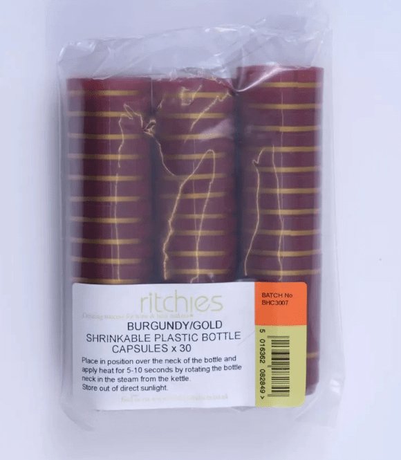 Shrink capsules - 30 Dark Red / Burgundy with two gold bands | The Home Brew Shop | 44714 - 7635