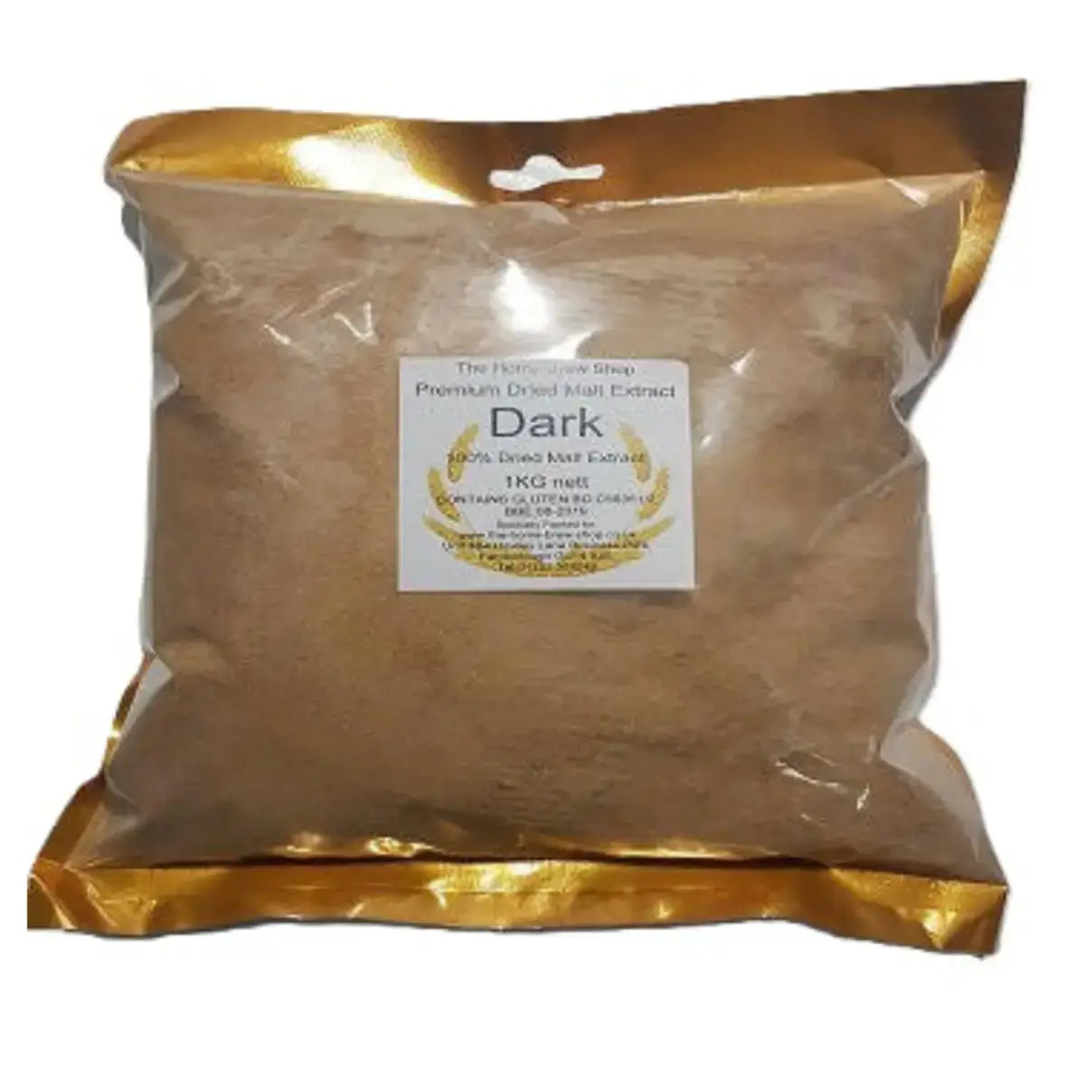 Super Malt Extract 1kg Dark Dried Malt Extract in a clear bag with golden seal packaging.