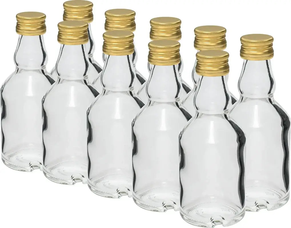 Maluch 50 ml bottle with a screw cap - 10 pcs shown in a clear arrangement with gold screw caps.