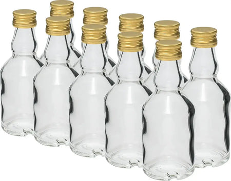 Maluch 50 ml bottle with a screw cap - 10 pcs shown in a clear arrangement with gold screw caps.
