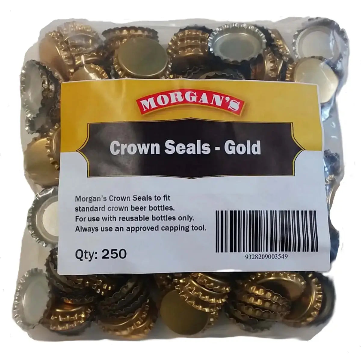 Morgan's Crown Caps Gold 250 pack, ideal for standard beer bottles with 26mm caps, qty: 250.
