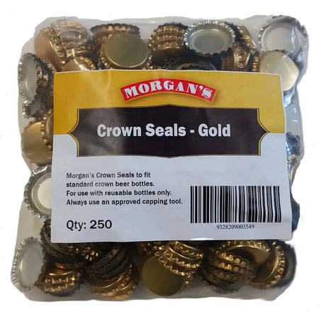 Morgan's Crown Caps Gold 250 pack, ideal for standard beer bottles with 26mm caps, qty: 250.