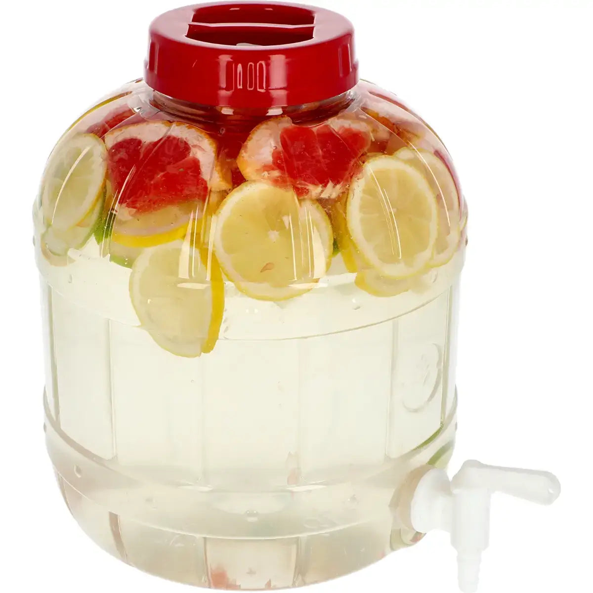 Multifunctional 8 Litre jar with tap, filled with lemon and grapefruit slices for fermenting.