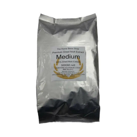 Super Malt Extract Medium Dried Premium Malt Extract 500g in a silver packaging.