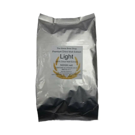 Super Malt Extract Light Dried Premium Malt Extract 500g packed in a silver pouch.