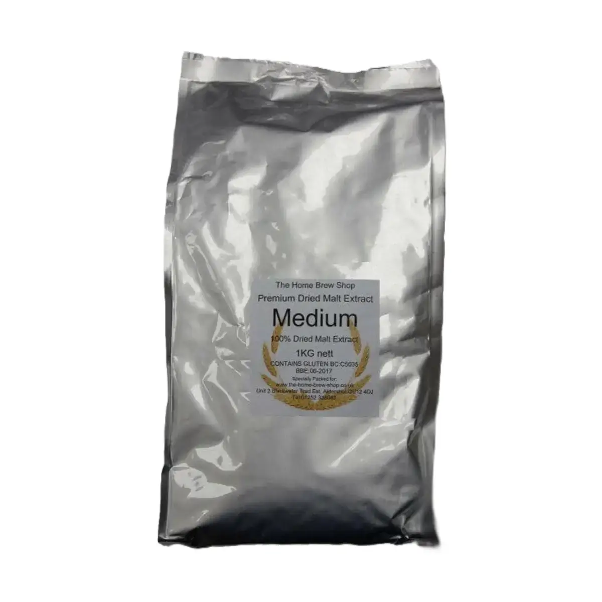 Super Malt Extract 1kg Medium (Amber) Dried Malt Extract in silver packaging for home brewing.