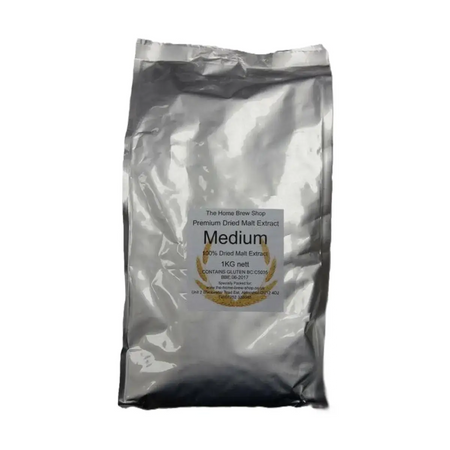 Super Malt Extract 1kg Medium (Amber) Dried Malt Extract in silver packaging for home brewing.