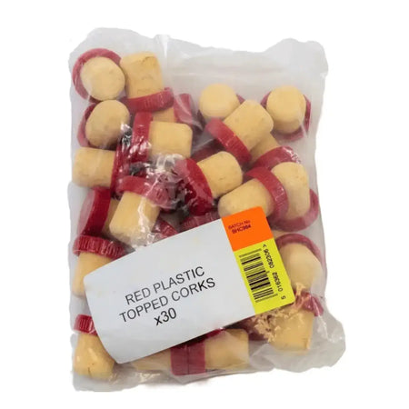 Red Plastic Top Cork Stoppers x30 in a clear package, ideal for short term wine storage.
