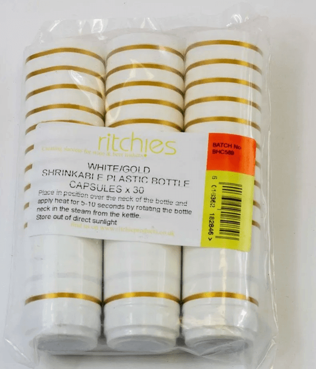 Shrink capsules - 30 White with two gold bands | The Home Brew Shop | 7636