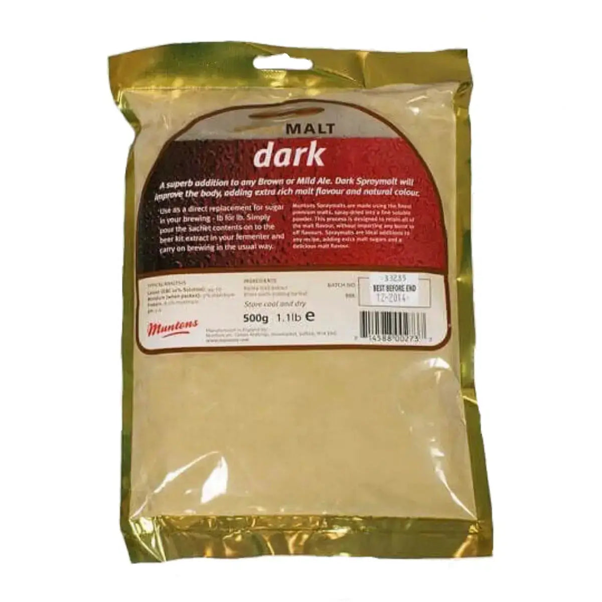 Muntons Dark Spraymalt 500g packaging for brewing with rich malt flavor and natural color.