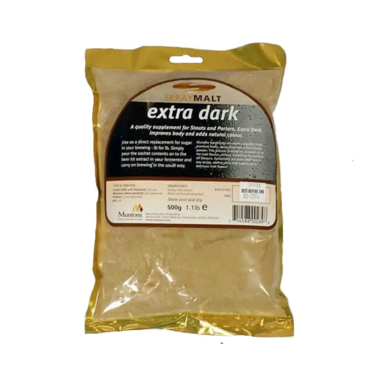 Muntons Extra Dark Spraymalt 500g pack, a quality supplement for stouts and porters, improving body and color.
