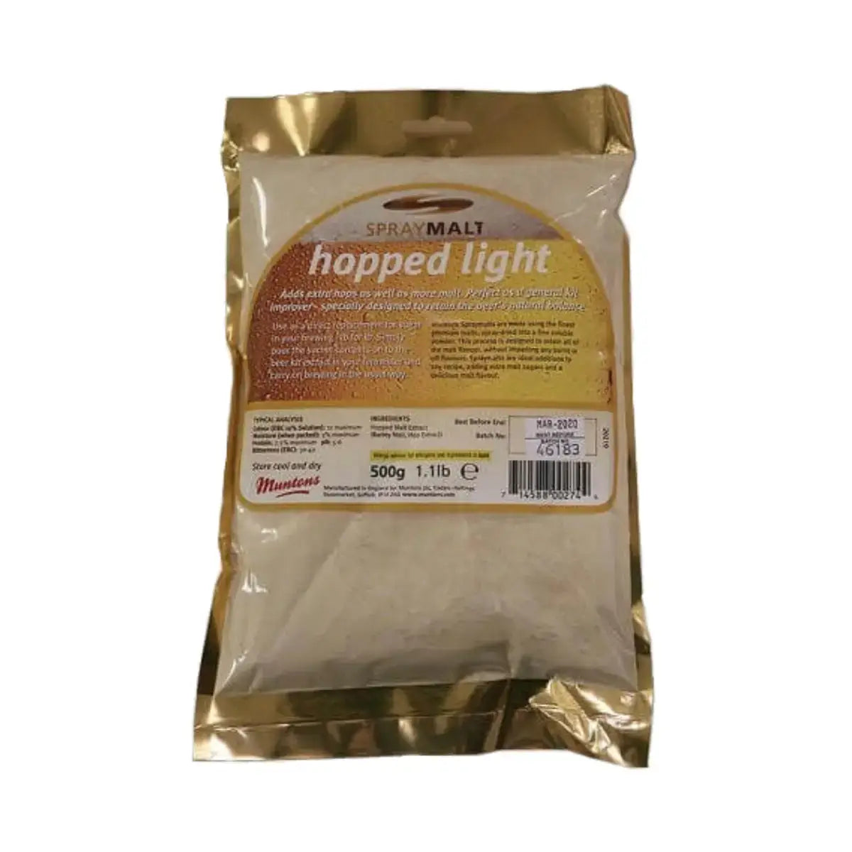 Muntons Hopped Light Spraymalt 500g packaging, ideal for enhancing beer kits and brewing recipes.