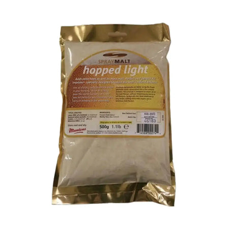 Muntons Hopped Light Spraymalt 500g packaging, ideal for enhancing beer kits and brewing recipes.