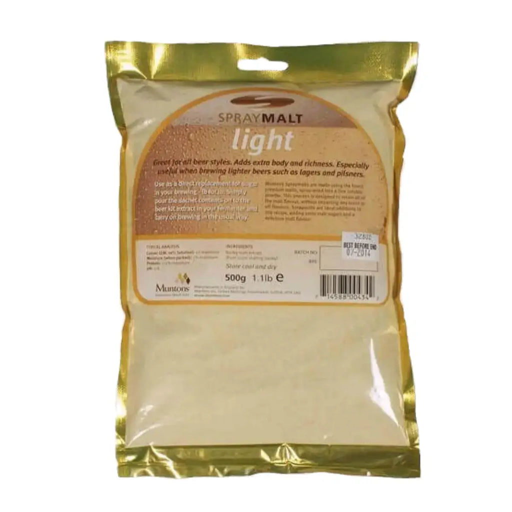 Muntons Light Spraymalt 500g packaging showcasing features for brewing light beers such as lagers and pilsners.