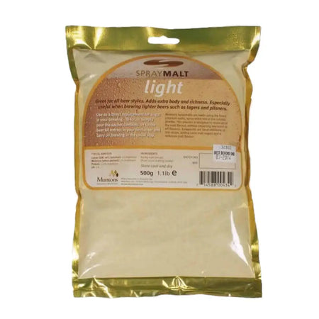Muntons Light Spraymalt 500g packaging showcasing features for brewing light beers such as lagers and pilsners.