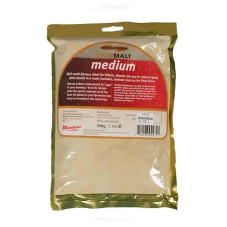 Muntons Medium Spraymalt 500g packaging featuring rich malt flavor, ideal for bitters and brewing.