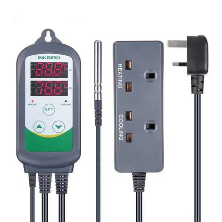 Inkbird ITC-308 Temperature Controller with digital display showing heating and cooling settings.
