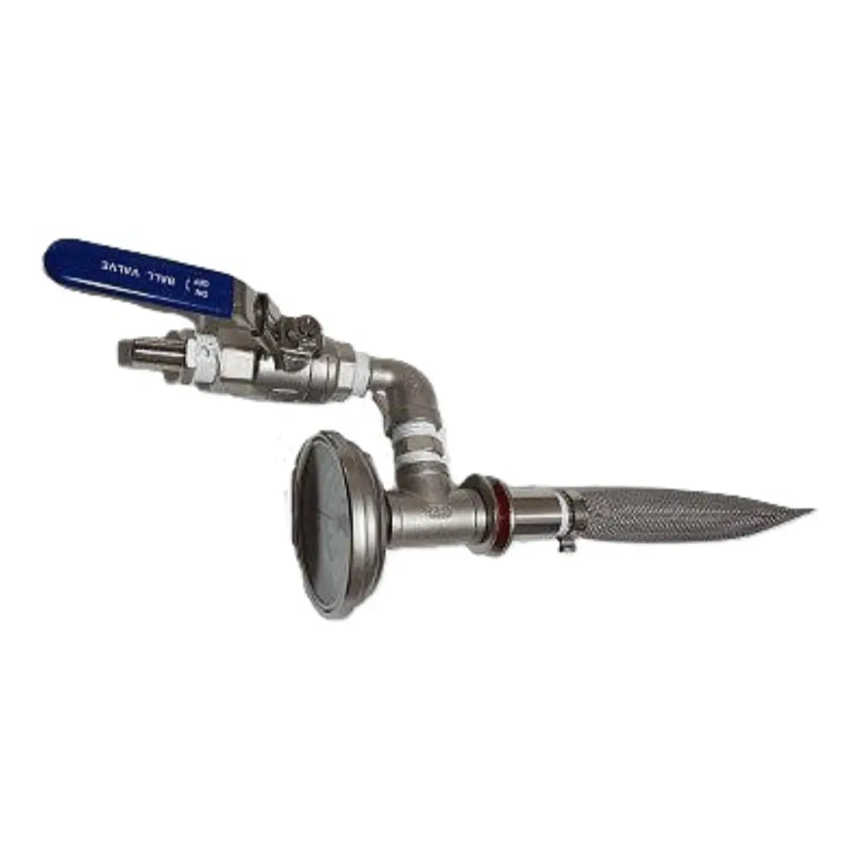 Weldless Tap kit with Thermometer and Hop Strainer featuring stainless steel tap and hop strainer design.
