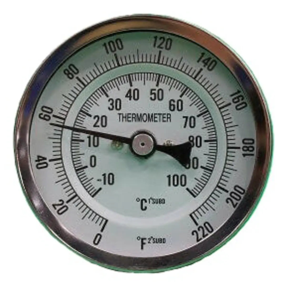 Weldless Thermometer with 2" Probe showing temperature dial in Celsius and Fahrenheit measurements.