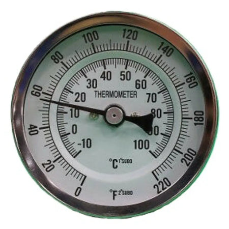 Weldless Thermometer with 5" Probe showing temperature dial in Celsius and Fahrenheit scales.