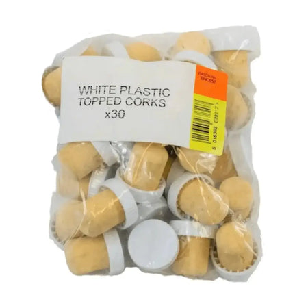 White Plastic Top Stoppers x 30 in a clear package ideal for short-term wine storage.